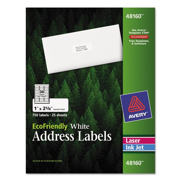 Avery EcoFriendly Mailing Labels, Inkjet/Laser, 1 x 2.63, White, PK750 48160